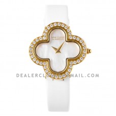 Alhambra Watch 30.2mm MOP Dial in Yellow Gold with Diamond in White Strap