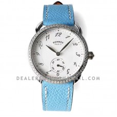 Arceau Petite White Dial in Steel with Diamond Bezel on Light Blue Epsom Leather Strap Arceau Petite White Dial in Steel with Diamond Bezel on Light Blue Epsom Leather Strap