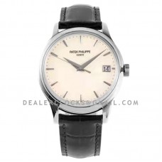 Calatrava 5227 White Dial in White Gold on Black Leather Strap