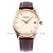 Calatrava 5227R-001 White Dial in Rose Gold on Brown Leather Strap
