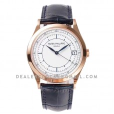 Calatrava 5296R-010 White Dial in Pink Gold on Blue Leather Strap