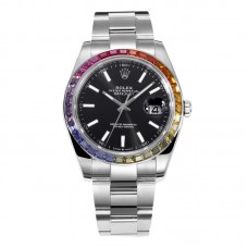 Datejust 41 Black Dial Stick Markers with Rainbow Diamond Bezel in Steel on Oyster Bracelet