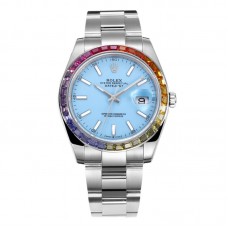 Datejust 41 Tiffany Blue Dial Stick Markers with Rainbow Diamond Bezel in Steel on Oyster Bracelet