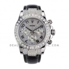 Daytona 116599 Diamond Paved Dial in White Gold on Black Leather Strap