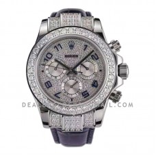 Daytona 116599 Diamond Paved Dial in White Gold on Blue Leather Strap