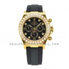 Daytona Black Dial in Yellow Gold with Diamond Bezel on Rubber Strap