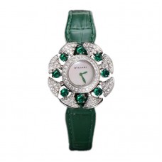 Diva’s Dream Jewellery Watch Diamond Paved Dial in White Gold on Green Leather Strap