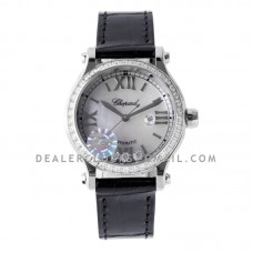 Happy Sport Automatic 33mm MOP Dial with Diamond Bezel in Steel on Black Leather Strap Happy Sport Automatic 33mm MOP Dial with Diamond Bezel in Steel on Black Leather Strap