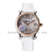 Happy Sport Automatic 33mm MOP Dial with Diamond Bezel in Steel/Rose Gold on White Leather Strap Happy Sport Automatic 33mm MOP Dial with Diamond Bezel in Steel/Rose Gold on White Leather Strap