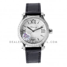 Happy Sport Automatic 33mm White Dial with Diamond Bezel in Steel on Black Leather Strap Happy Sport Automatic 33mm White Dial with Diamond Bezel in Steel on Black Leather Strap