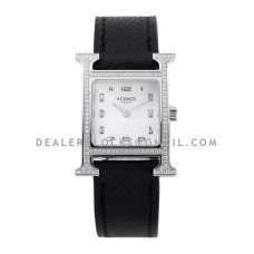 Heure H 21mm MOP Dial in Steel with Diamond Bezel on Black Epsom Leather Strap Heure H 21mm MOP Dial in Steel with Diamond Bezel on Black Epsom Leather Strap