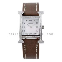 Heure H 21mm MOP Dial in Steel with Diamond Bezel on Dark Brown Leather Strap
