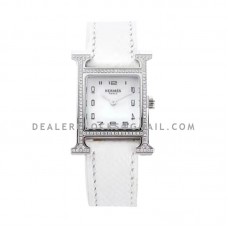 Heure H 21mm MOP Dial in Steel with Diamond Bezel on White Epsom Leather Strap Heure H 21mm MOP Dial in Steel with Diamond Bezel on White Epsom Leather Strap