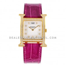 Heure H 26mm MOP Dial in Yellow Gold on Pink Leather Strap