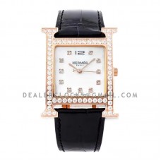 Heure H MOP Dial in Rose Gold with Diamond Bezel on Black Leather Strap