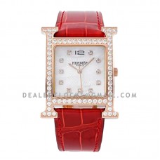 Heure H MOP Dial in Rose Gold with Diamond Bezel on Red Leather Strap