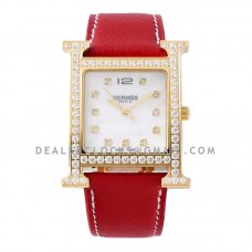 Heure H MOP Dial in Yellow Gold with Diamond Bezel on Red Leather Strap