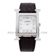 Heure H MOP Dial in Steel with Diamond Bezel on Dark Brown Leather Strap Heure H MOP Dial in Steel with Diamond Bezel on Dark Brown Leather Strap
