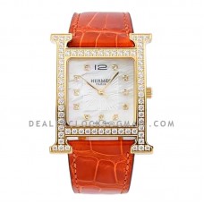 Heure H MOP Dial in Yellow Gold with Diamond Bezel on Orange Leather Strap