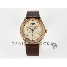 Master Ultra Thin Perpetual Calendar RG V9F 1:1 Best Edition Cream Dial Diamonds Bezel on Brown Leather Strap A868 V2