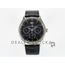 Master Ultra Thin Perpetual Calendar SS V9F 1:1 Best Edition Black Dial Diamonds Bezel on Black Leather Strap A868 V2