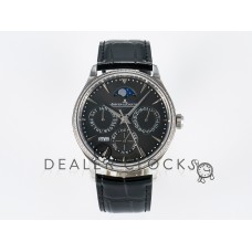 Master Ultra Thin Perpetual Calendar SS V9F 1:1 Best Edition Gray Dial Diamonds Bezel on Black Leather Strap A868 V2