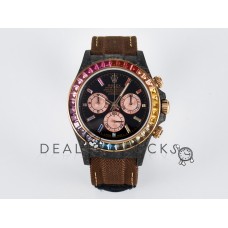 Daytona DIW Carbon Case DIWF Edition Black Dial Rainbow Diamonds Bezel on Brown Nylon Strap A7750