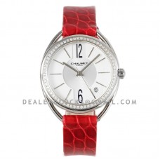 Liens Lumiere White Dial in Steel with Diamond Bezel on Red Strap Liens Lumiere White Dial in Steel with Diamond Bezel on Red Strap