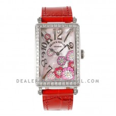 Long Island Peony in Steel on Red Leather Strap Long Island Peony in Steel on Red Leather Strap