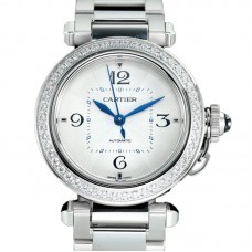 Pasha de Cartier White Dial 35mm with Diamond Bezel in Steel
