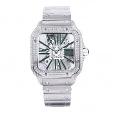 Santos De Cartier Watch Skeleton Dial Green Marker with Diamond Bezel in Steel Santos De Cartier Watch Skeleton Dial Green Marker with Diamond Bezel in Steel