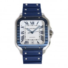 Santos de Cartier 40mm White Dial in Steel on Blue Rubber Strap