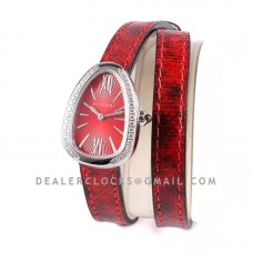 Serpenti Seduttori Watch Red Dial in Steel with Diamond Bezel on Red Double Wrap Leather Strap Serpenti Seduttori Watch Red Dial in Steel with Diamond Bezel on Red Double Wrap Leather Strap