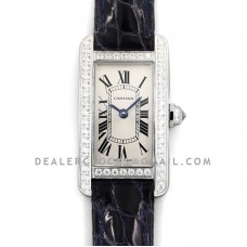 Tank Americaine Watch 19mm White Dial with Diamond Bezel in Steel on Black Alligator Strap Tank Americaine Watch 19mm White Dial with Diamond Bezel in Steel on Black Alligator Strap