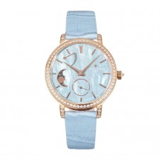 Traditionelle Moon Phase Blue MOP Dial with Diamond Bezel in Pink Gold on Blue Leather Strap Traditionelle Moon Phase Blue MOP Dial with Diamond Bezel in Pink Gold on Blue Leather Strap
