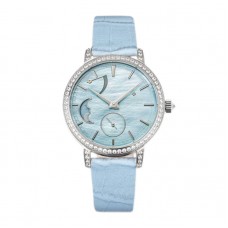 Traditionelle Moon Phase Blue MOP Dial with Diamond Bezel in White Gold on Blue Leather Strap Traditionelle Moon Phase Blue MOP Dial with Diamond Bezel in White Gold on Blue Leather Strap