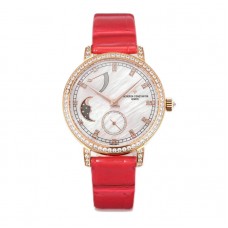 Traditionelle Moon Phase MOP Dial with Diamond Bezel in Pink Gold on Red Leather Strap Traditionelle Moon Phase MOP Dial with Diamond Bezel in Pink Gold on Red Leather Strap