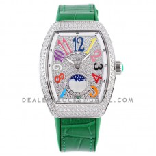 Vanguard Moonphase V32 Diamond Paved Dial with Colourful Markers on Green Strap Vanguard Moonphase V32 Diamond Paved Dial with Colourful Markers on Green Strap