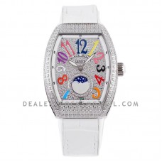 Vanguard Moonphase V32 Diamond Paved Dial with Colourful Markers on White Strap Vanguard Moonphase V32 Diamond Paved Dial with Colourful Markers on White Strap