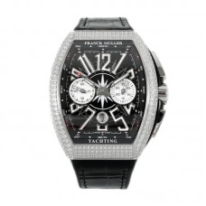 Vanguard V45 Chronograph Black/White Dial with White Marker and Diamond Bezel in Steel on Leather Strap