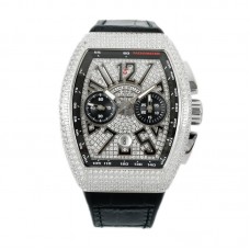 Vanguard V45 Chronograph Diamond/Black Dial with Diamond Marker and Diamond Bezel in Steel on Leather Strap