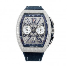 Vanguard V45 Chronograph Diamond/White Dial with Blue Marker and Diamond Bezel in Steel on Leather Strap