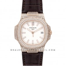 Nautilus Jumbo 5711 White Dial in Rose Gold with Paved Diamonds on Strap Nautilus Jumbo 5711 White Dial in Rose Gold with Paved Diamonds on Strap