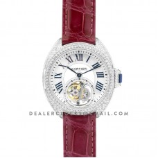 Cle de Cartier Tourbillon with Diamond Bezel in White Gold 35mm on Red Leather Strap Cle de Cartier Tourbillon with Diamond Bezel in White Gold 35mm on Red Leather Strap