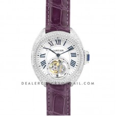 Cle de Cartier Tourbillon with Diamond Bezel in White Gold 35mm on Purple Leather Strap Cle de Cartier Tourbillon with Diamond Bezel in White Gold 35mm on Purple Leather Strap