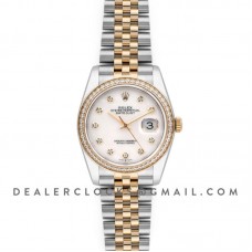 Datejust 36 126283RBR White MOP Dial in Yellow Gold and Steel with Diamond Set Bezel and Diamond Markers Datejust 36 126283RBR White MOP Dial in Yellow Gold and Steel with Diamond Set Bezel and Diamond Markers