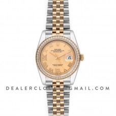 Datejust 36 126283RBR Champagne Dial in Yellow Gold and Steel with Diamond Set Bezel and Diamond Roman Numerals Markers Datejust 36 126283RBR Champagne Dial in Yellow Gold and Steel with Diamond Set Bezel and Diamond Roman Numerals Markers