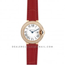 Ballon Bleu de Cartier 28mm White Dial in Gold with Diamonds on Red Leather Strap Ballon Bleu de Cartier 28mm White Dial in Gold with Diamonds on Red Leather Strap