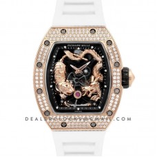 RM 051-01 Tourbillion Tiger and Dragon in Rose Gold with Diamond Bezel on White Rubber Strap