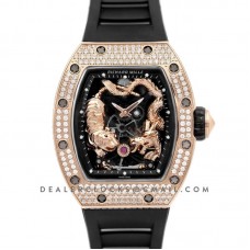 RM 051-01 Tourbillion Tiger and Dragon in Rose Gold with Diamond Bezel on Black Rubber Strap